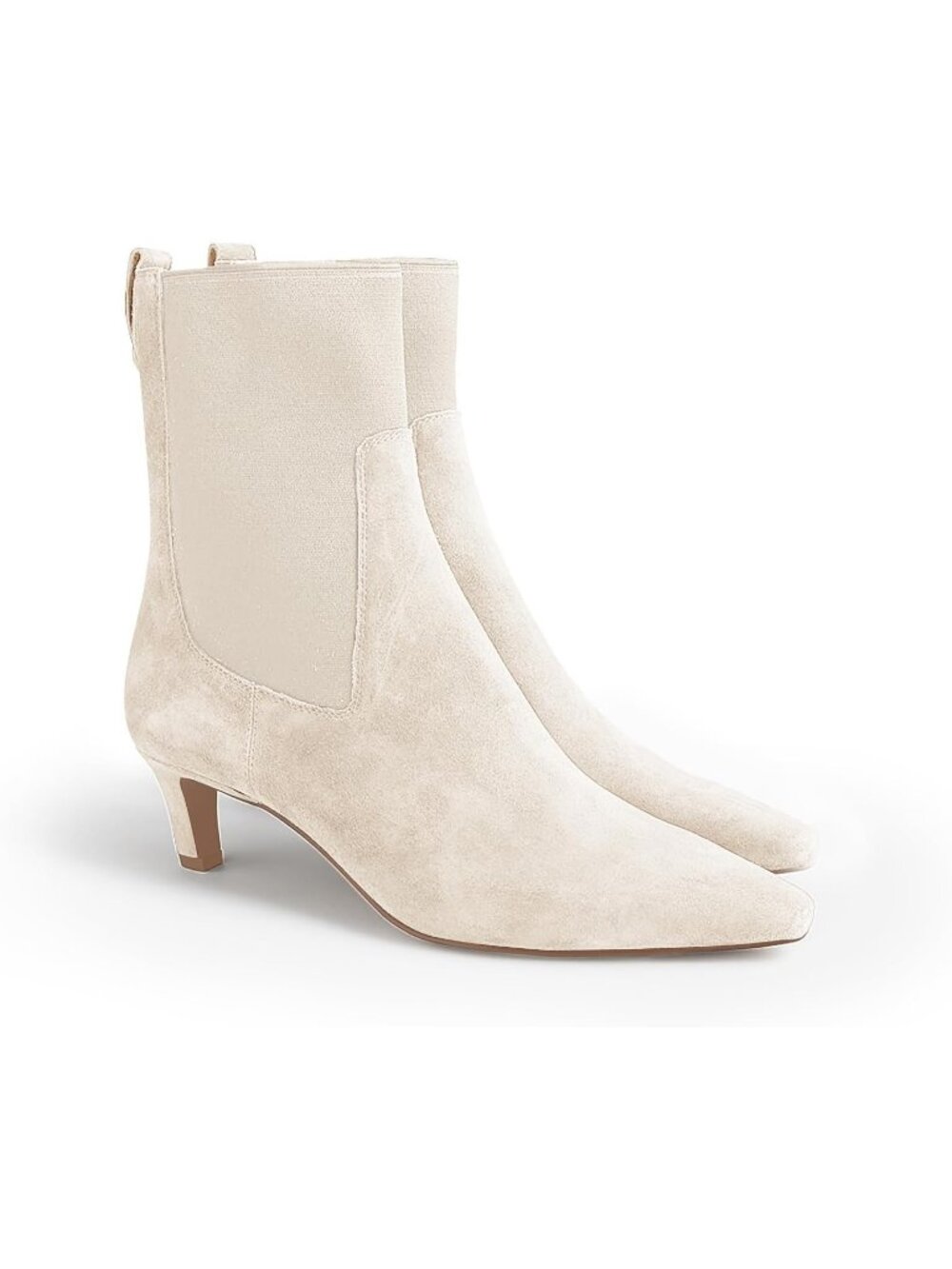 Women's Beige Ankle Boots Low Kitten Heel Pointed Toe Slip On Elastic Booties